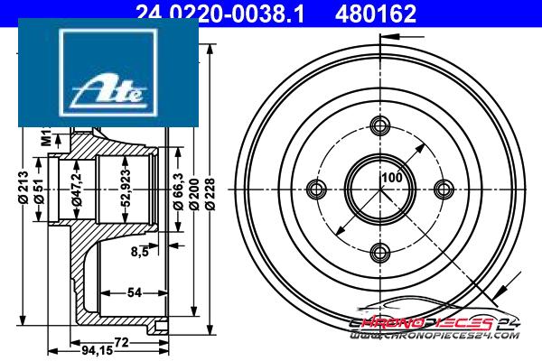 Achat de ATE 24.0220-0038.1 Tambour de frein pas chères
