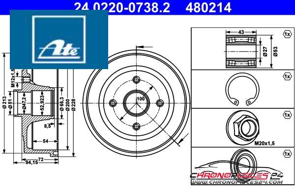 Achat de ATE 24.0220-0738.2 Tambour de frein pas chères