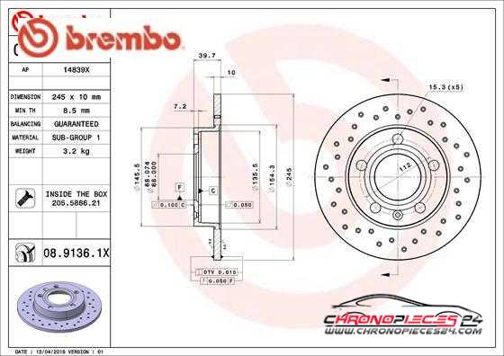 Achat de BREMBO 08.9136.1X Disque de frein pas chères