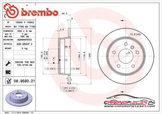 Achat de BREMBO 08.9580.21 Disque de frein pas chères