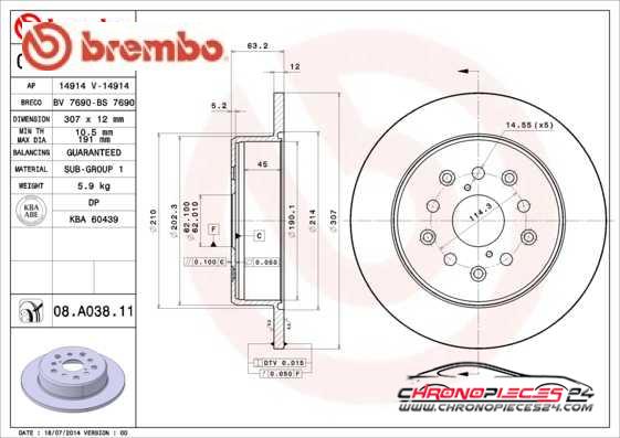 Achat de BREMBO 08.A038.11 Disque de frein pas chères