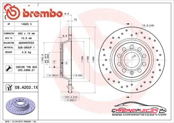 Achat de BREMBO 08.A202.1X Disque de frein pas chères