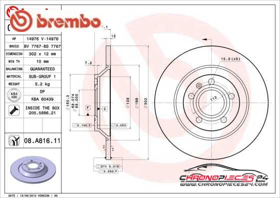 Achat de BREMBO 08.A816.11 Disque de frein pas chères