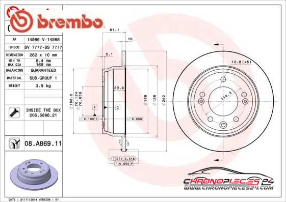 Achat de BREMBO 08.A869.10 Disque de frein pas chères