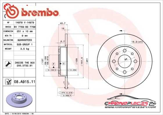 Achat de BREMBO 08.A915.11 Disque de frein pas chères