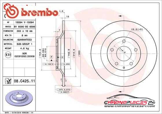 Achat de BREMBO 08.C425.11 Disque de frein pas chères