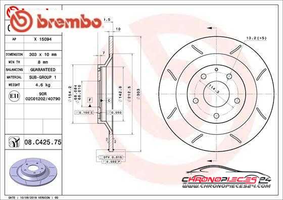 Achat de BREMBO 08.C425.75 Disque de frein pas chères