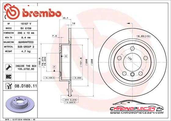 Achat de BREMBO 08.D180.11 Disque de frein pas chères