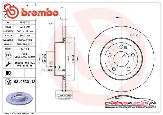 Achat de BREMBO 08.D530.13 Disque de frein pas chères