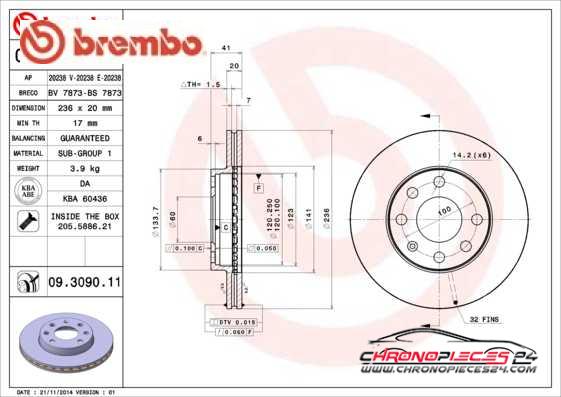 Achat de BREMBO 09.3090.11 Disque de frein pas chères