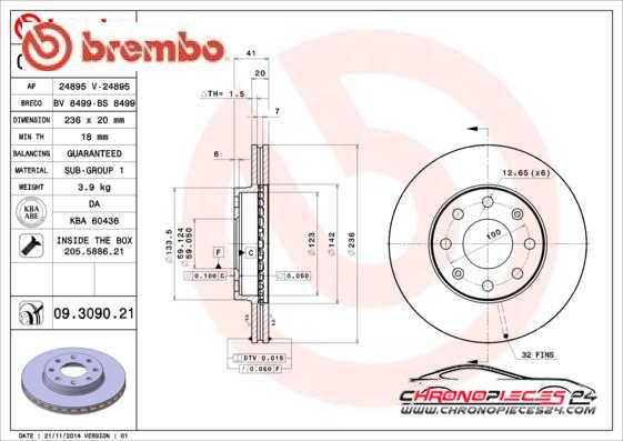 Achat de BREMBO 09.3090.20 Disque de frein pas chères