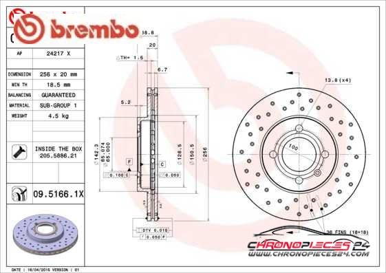 Achat de BREMBO 09.5166.1X Disque de frein pas chères