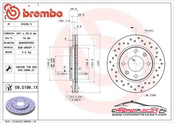 Achat de BREMBO 09.5196.1X Disque de frein pas chères