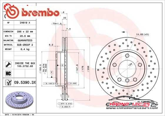 Achat de BREMBO 09.5390.3X Disque de frein pas chères