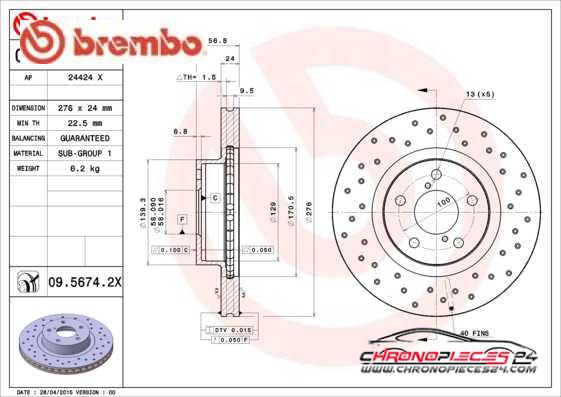 Achat de BREMBO 09.5674.2X Disque de frein pas chères