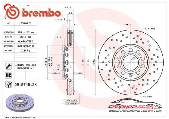 Achat de BREMBO 09.5745.2X Disque de frein pas chères