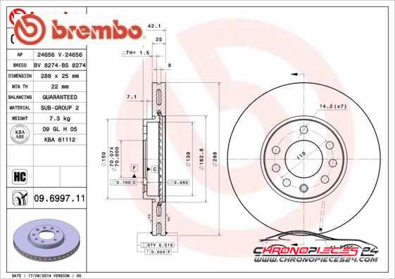 Achat de BREMBO 09.6997.11 Disque de frein pas chères