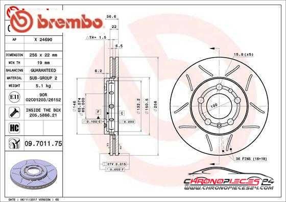 Achat de BREMBO 09.7011.75 Disque de frein pas chères