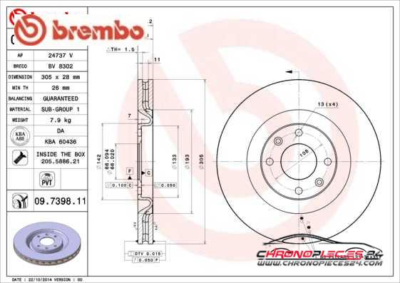 Achat de BREMBO 09.7398.11 Disque de frein pas chères