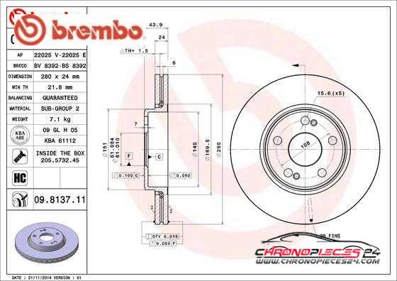 Achat de BREMBO 09.8137.11 Disque de frein pas chères