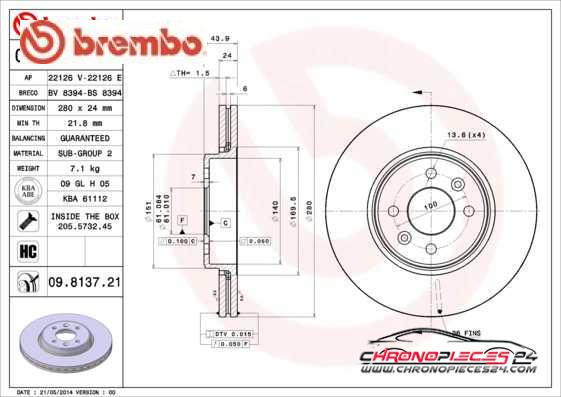 Achat de BREMBO 09.8137.21 Disque de frein pas chères