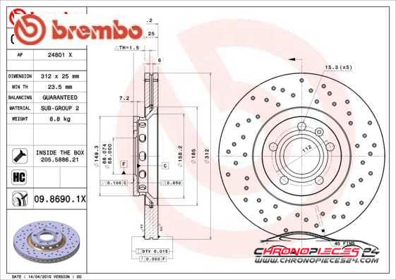 Achat de BREMBO 09.8690.1X Disque de frein pas chères