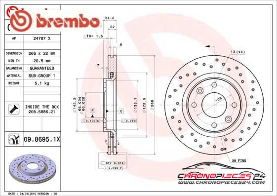 Achat de BREMBO 09.8695.1X Disque de frein pas chères