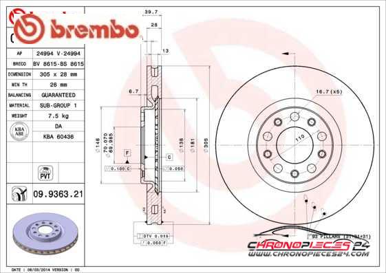 Achat de BREMBO 09.9363.21 Disque de frein pas chères