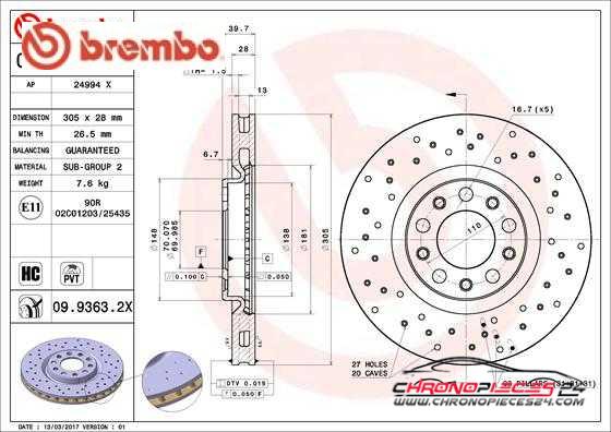 Achat de BREMBO 09.9363.2X Disque de frein pas chères