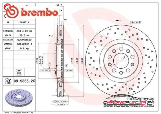 Achat de BREMBO 09.9365.2X Disque de frein pas chères