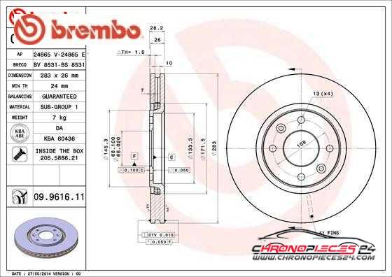 Achat de BREMBO 09.9616.11 Disque de frein pas chères