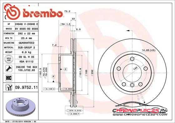 Achat de BREMBO 09.9752.11 Disque de frein pas chères