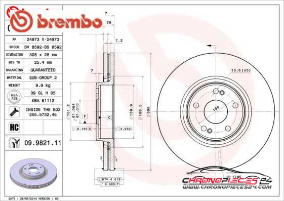 Achat de BREMBO 09.9821.11 Disque de frein pas chères