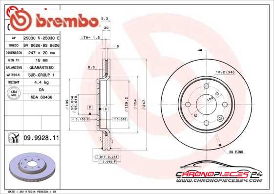 Achat de BREMBO 09.9928.11 Disque de frein pas chères