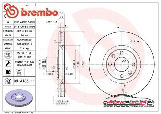 Achat de BREMBO 09.A185.11 Disque de frein pas chères