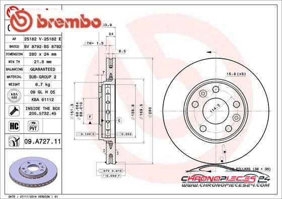 Achat de BREMBO 09.A727.11 Disque de frein pas chères