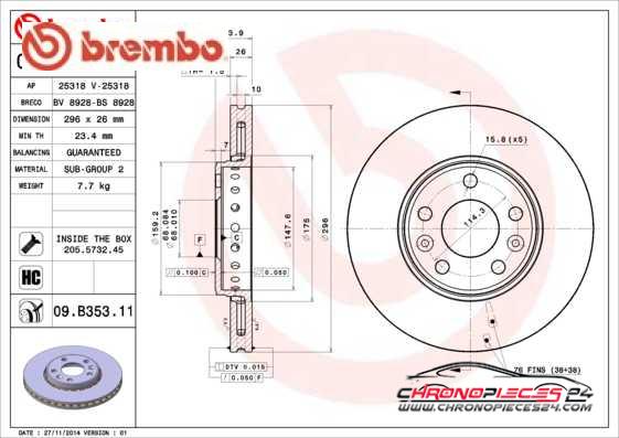 Achat de BREMBO 09.B353.11 Disque de frein pas chères