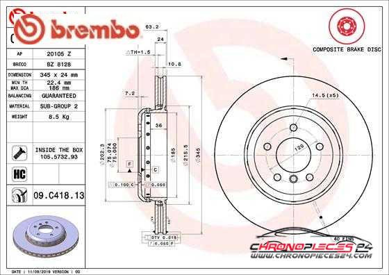 Achat de BREMBO 09.C418.13 Disque de frein pas chères