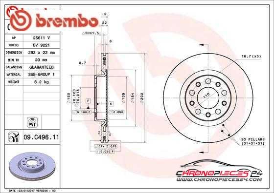 Achat de BREMBO 09.C496.11 Disque de frein pas chères