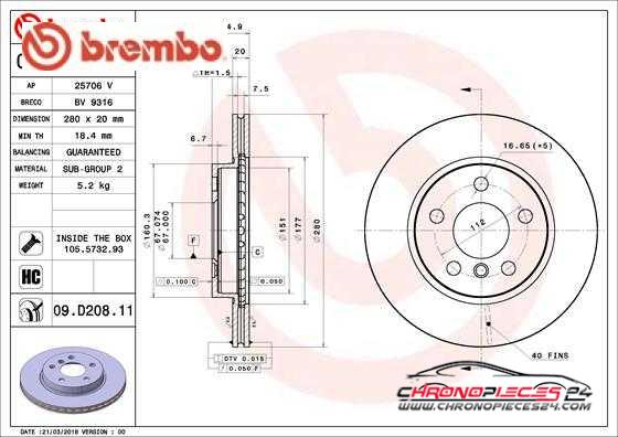 Achat de BREMBO 09.D208.11 Disque de frein pas chères