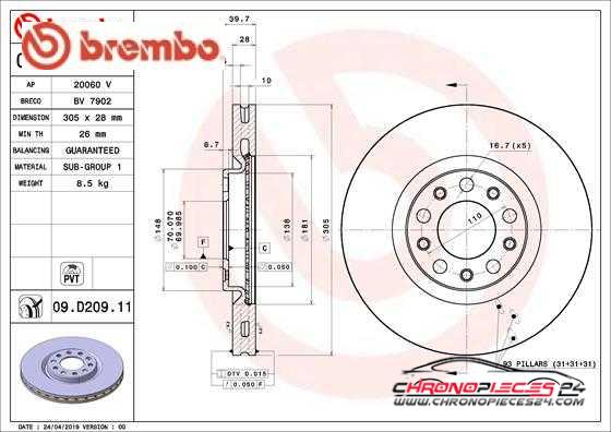 Achat de BREMBO 09.D209.11 Disque de frein pas chères