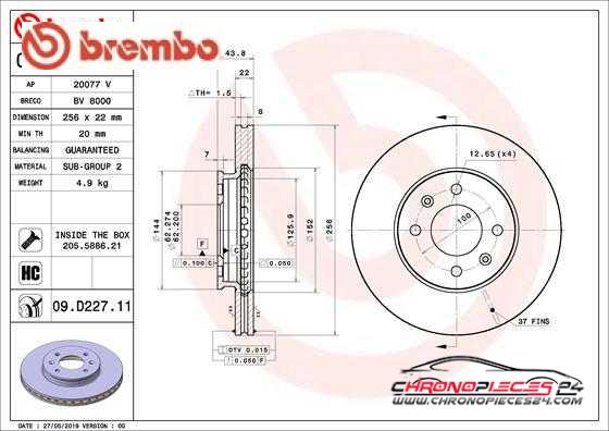 Achat de BREMBO 09.D227.11 Disque de frein pas chères