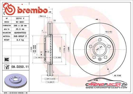 Achat de BREMBO 09.D250.11 Disque de frein pas chères