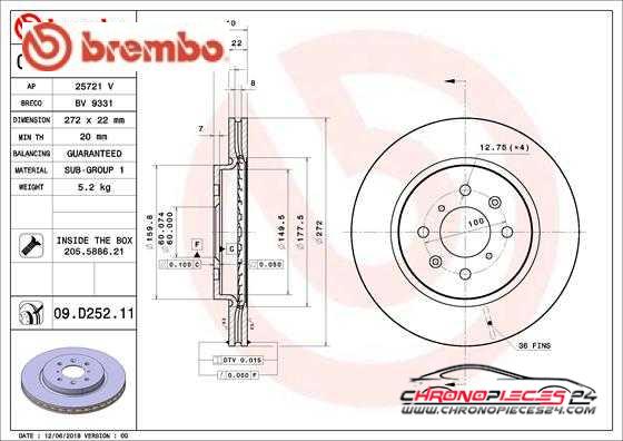 Achat de BREMBO 09.D252.11 Disque de frein pas chères