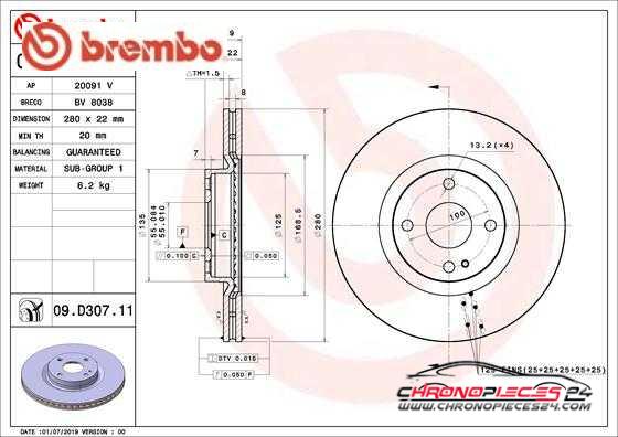 Achat de BREMBO 09.D307.11 Disque de frein pas chères