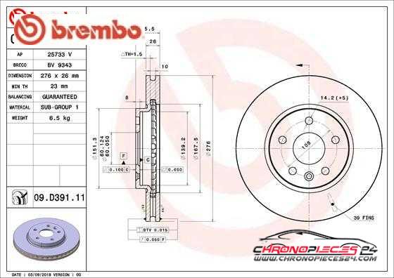 Achat de BREMBO 09.D391.11 Disque de frein pas chères