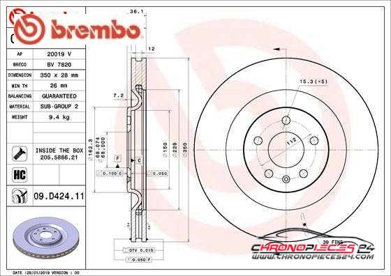 Achat de BREMBO 09.D424.11 Disque de frein pas chères