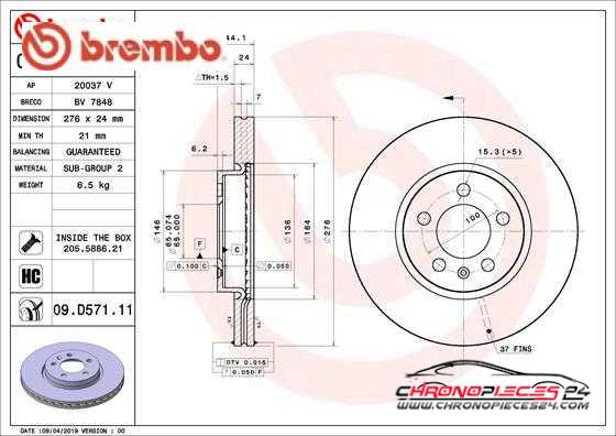 Achat de BREMBO 09.D571.11 Disque de frein pas chères