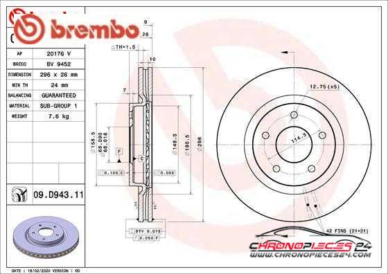 Achat de BREMBO 09.D943.11 Disque de frein pas chères