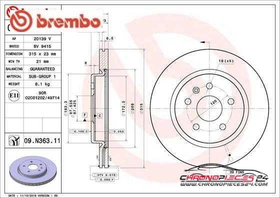 Achat de BREMBO 09.N363.11 Disque de frein pas chères